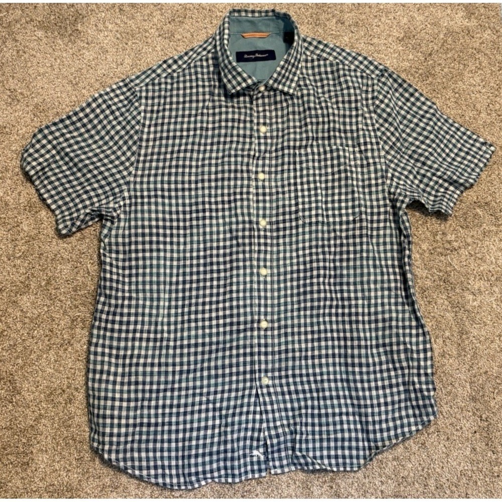 Tommy Bahama Mens Short Sleeve Gingham 100% Linen Button Up Shirt Large Damage - Picture 7 of 9